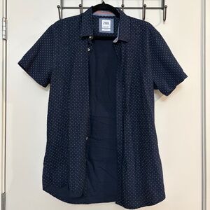 Zara Men’s Blue Slim Shirt with White Polka Dots